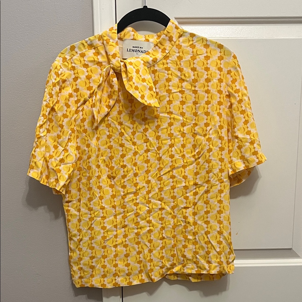 Yellow Patterned Blouse with Bow